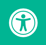 Das Bild zeigt das quadratische Logo für Barrierefreiheit. Eine grüne Figur in einem weißen Kreis und auf grünem Grund.